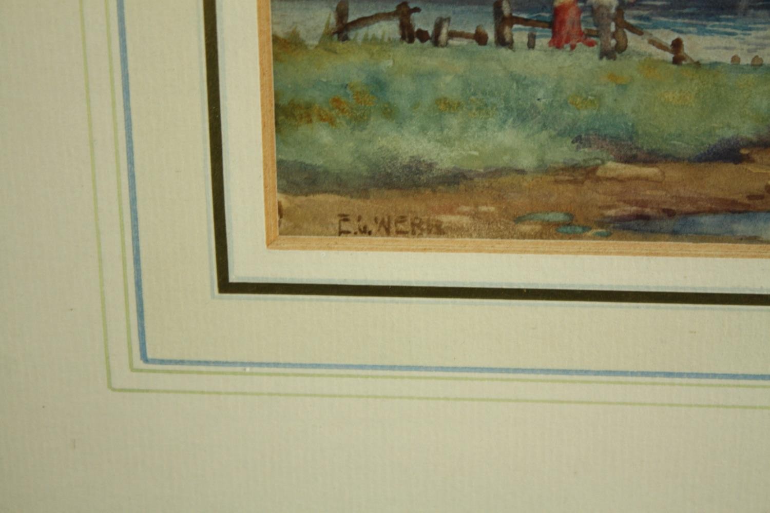 E. G. Webb. A landscape watercolour. A boat at shore with figures. Signed lower left. Mounted, - Image 3 of 4