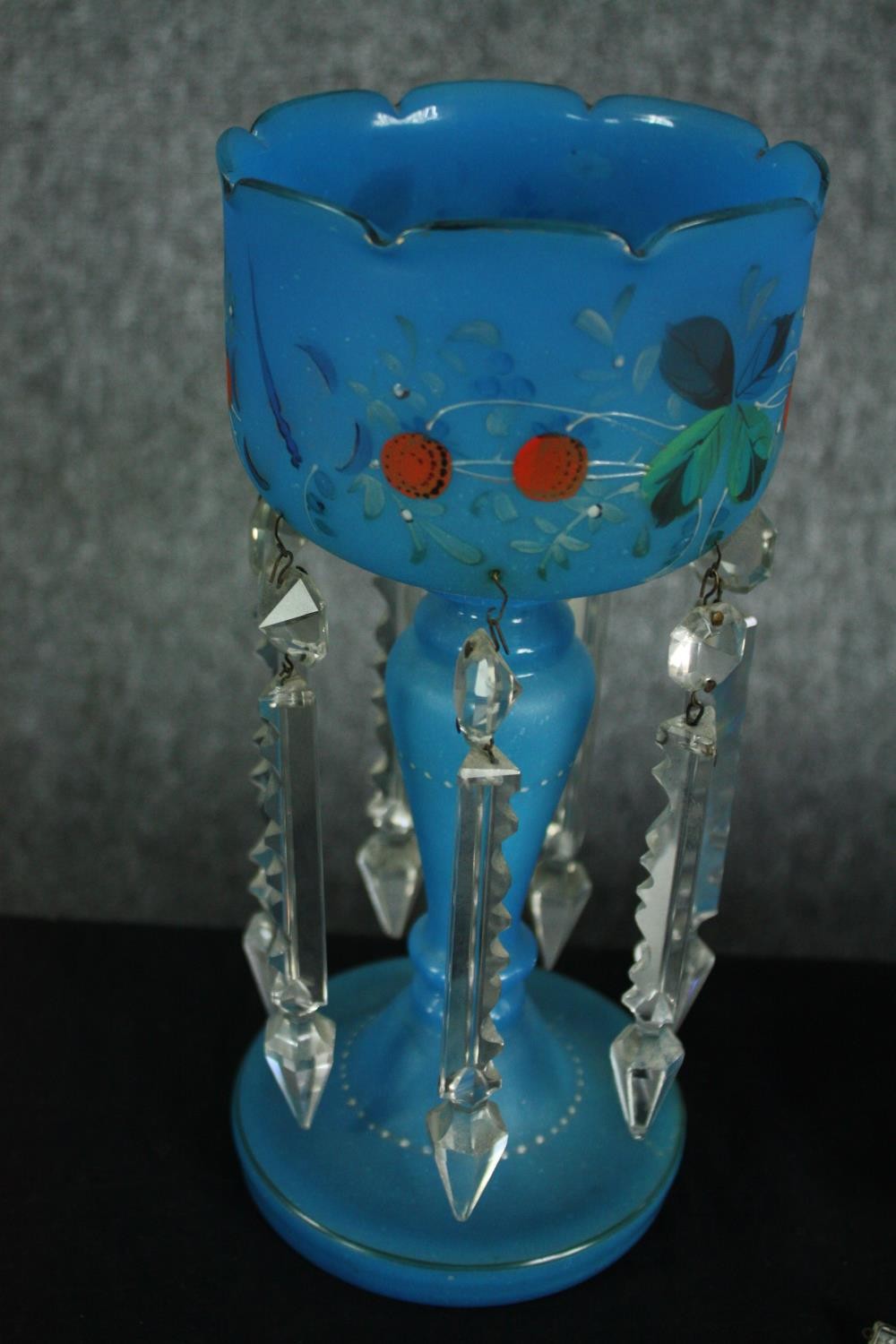 Two Victorian lustres with crystal drops, one pale blue milk glass with a hand painted strawberry - Image 2 of 4