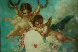 Early 20th-century continental school oil on canvas. Cherubs holding garlands of flowers.