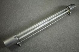 A large mid century industrial ceiling light from East Berlin. Aluminium and tubular glass fitting a