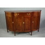 Console sideboard, Edwardian mahogany and satinwood inlaid with narrow shaped top. H.101 W.153 D.