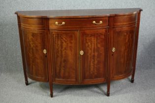 Console sideboard, Edwardian mahogany and satinwood inlaid with narrow shaped top. H.101 W.153 D.