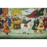 An Indian or Persian painting on white marble. A Maharaja court procession painted on white