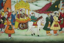 An Indian or Persian painting on white marble. A Maharaja court procession painted on white
