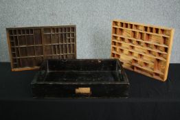 An old wooden work tray with 'science' written on it, probably for school use, together with two