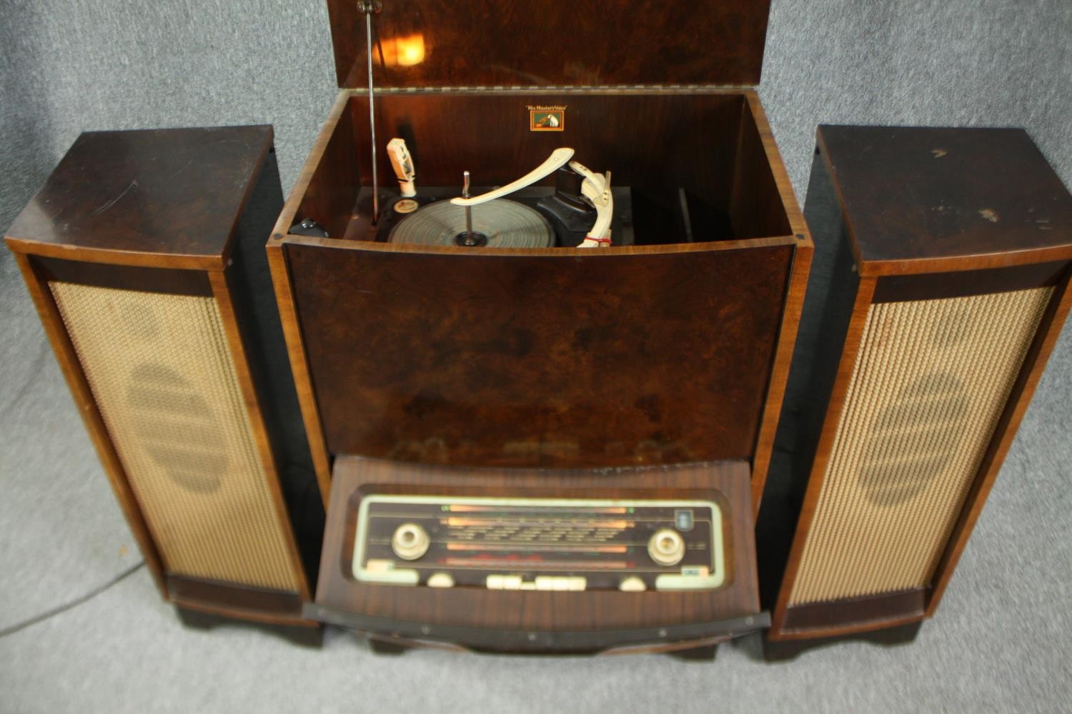 HMV radiogram, Garrard RC.121, mid century burr walnut cased with matching speakers. H.86 W.61 D. - Image 4 of 22