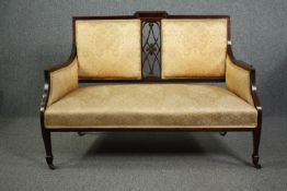 Sofa, Edwardian mahogany and satinwood inlaid two seater. H.93 W.127 D.67cm.