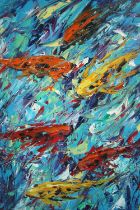 Oil painting on canvas. An impressionist style painting of Koi Carp. Signed 'Keo' lower right. A