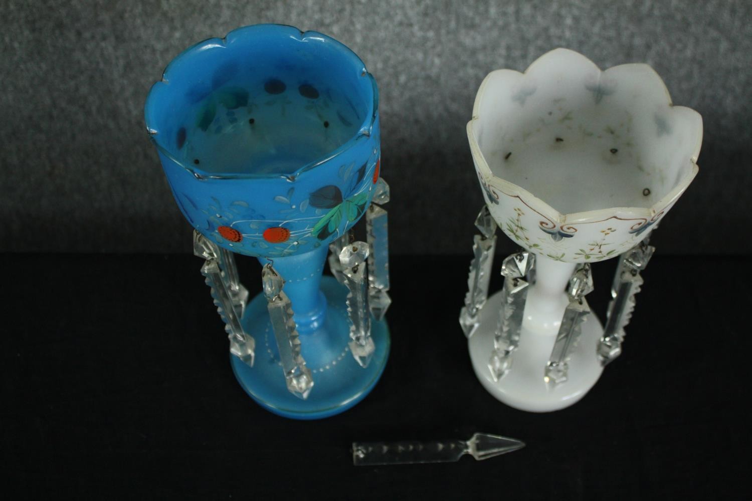 Two Victorian lustres with crystal drops, one pale blue milk glass with a hand painted strawberry - Image 4 of 4