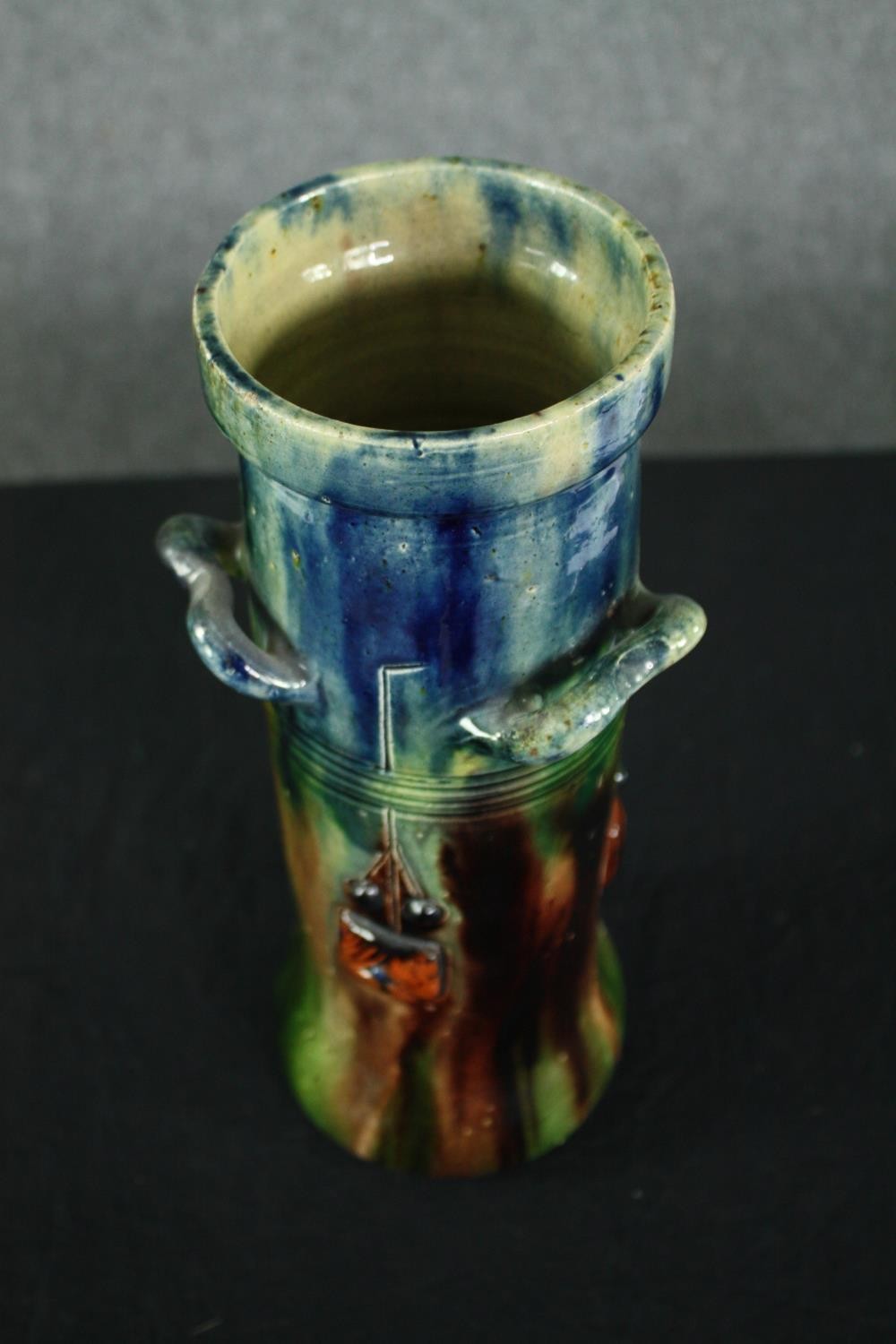 A Flemish Art Deco vase with a stylised watery blue and green glaze decorated with berries. Signed - Image 3 of 6