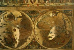 A modern reproduction of Willem Blaeu's map of the world embellished with silver foil. Lithograph
