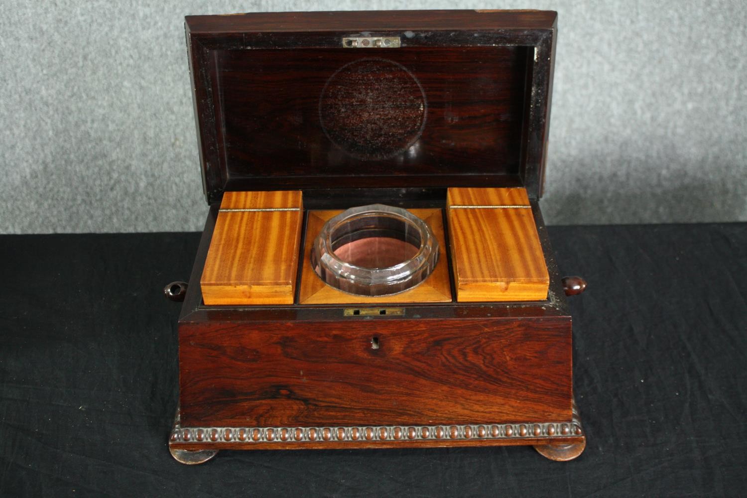 Tea caddy, Regency mahogany with satinwood fitted interior and original mixing bowl. H.21 W.39 D. - Image 3 of 6