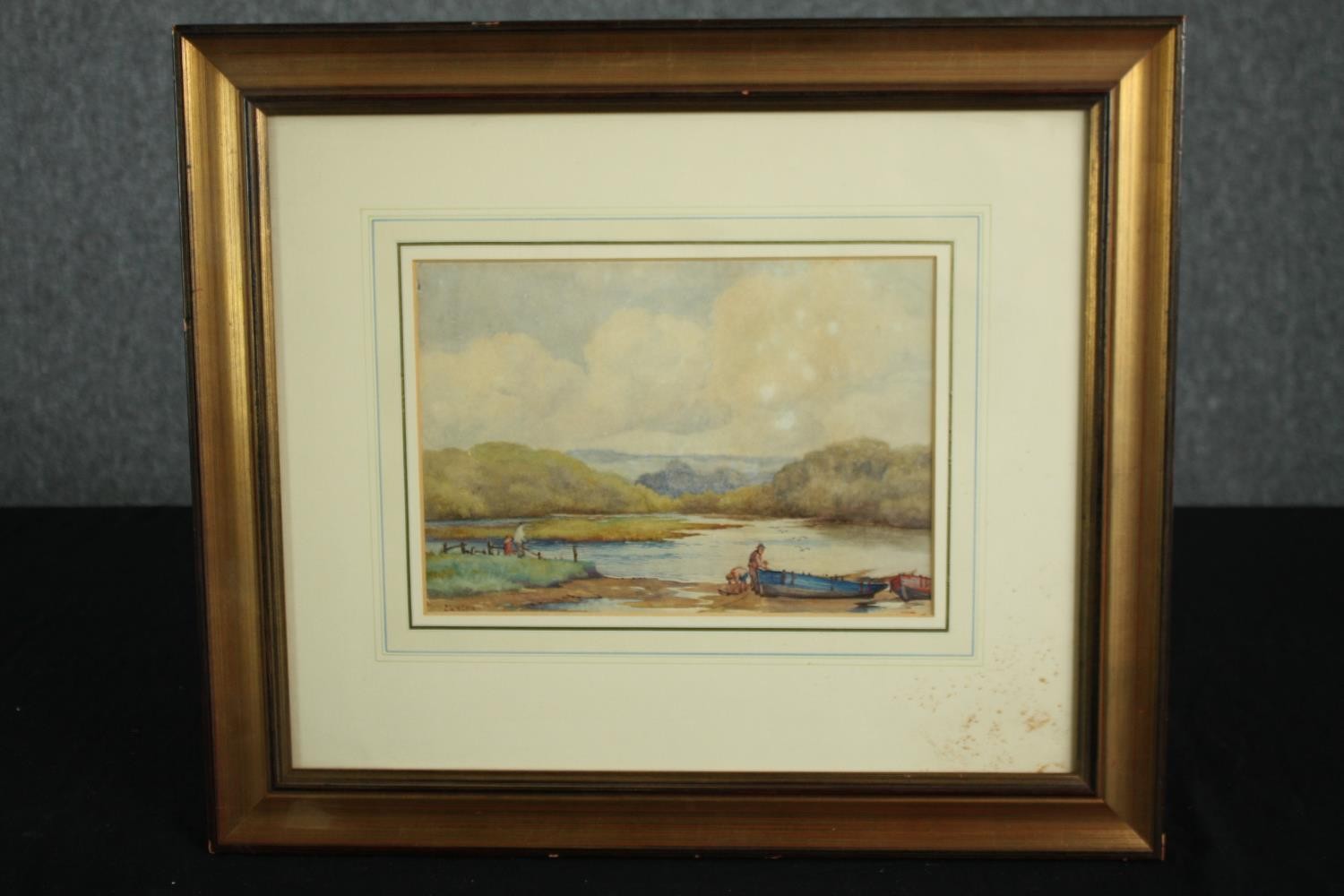 E. G. Webb. A landscape watercolour. A boat at shore with figures. Signed lower left. Mounted, - Image 2 of 4