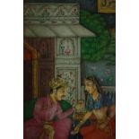 A miniature Indian court painting in the Mughal style. A marital scene probably painted in the early