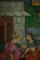 A miniature Indian court painting in the Mughal style. A marital scene probably painted in the early