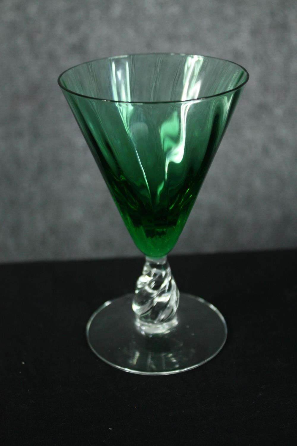 A set of six hand blown cobalt blue wine glasses with clear stems long with a set of five emerald - Image 4 of 5