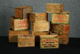 A collection of twelve decorated wooden tea boxes from Ceylon, some by Mordomo. H.15 W.26 D.17cm.