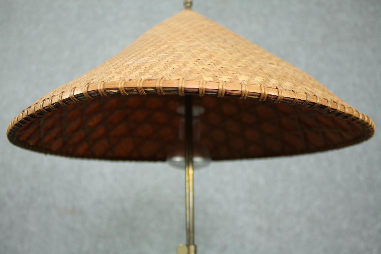 A table lamp fashioned from a four-part abacus with a woven rice picking hat type shade. The - Image 6 of 6