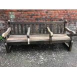 City of London vintage park bench seats in weathered teak. H.87 W.196 D.73cm.