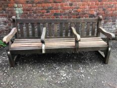 City of London vintage park bench seats in weathered teak. H.87 W.196 D.73cm.