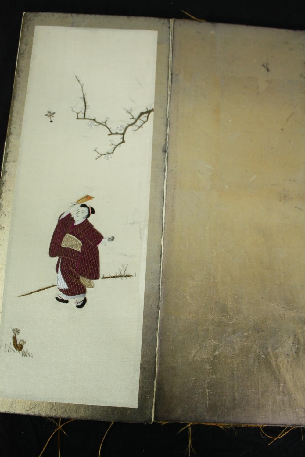 A folding concertina book of Chinese silk embroidered panels. Each containing a figure with - Image 6 of 7