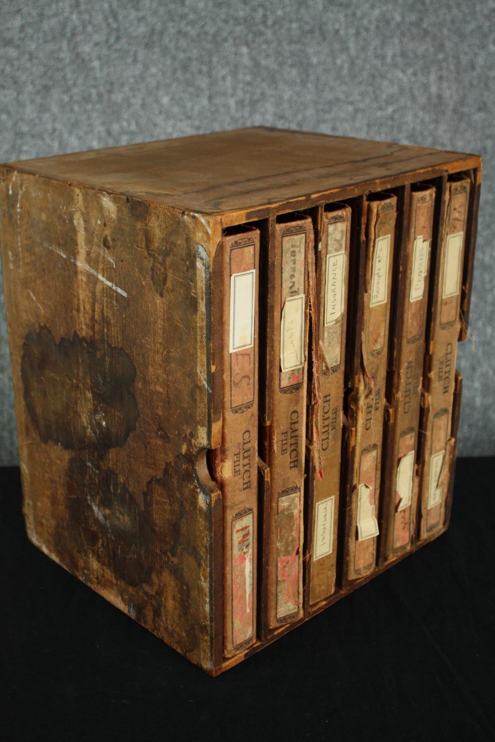 A Victorian wooden cased set of six leather bound clutch files. (Empty) H.33 W.28 D.25cm. - Image 2 of 4