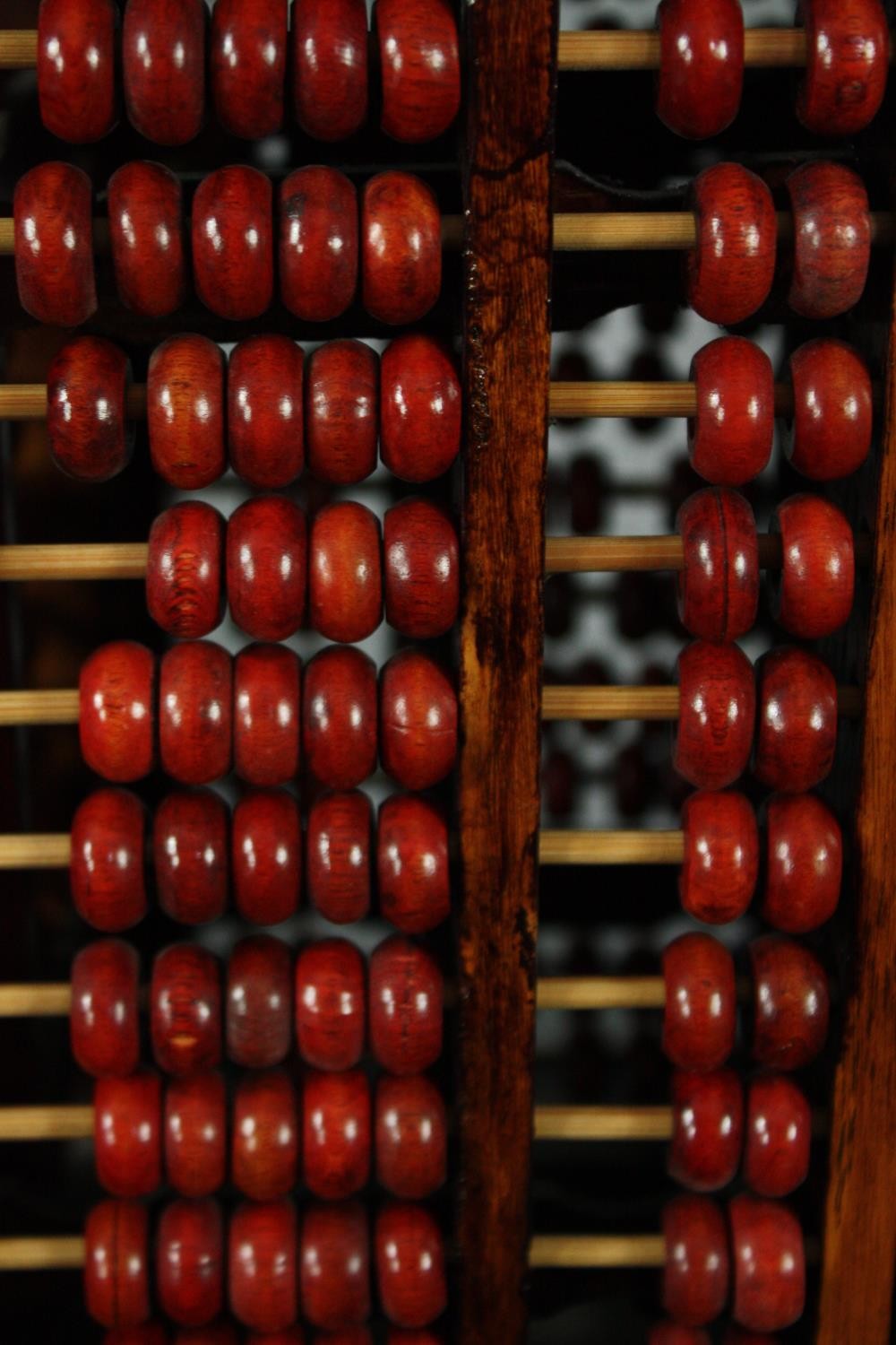 A table lamp fashioned from a four-part abacus with a woven rice picking hat type shade. The - Image 4 of 6