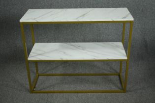 Display stand or etagere, contemporary metal framed with faux marble top and under tier. H.81 W.