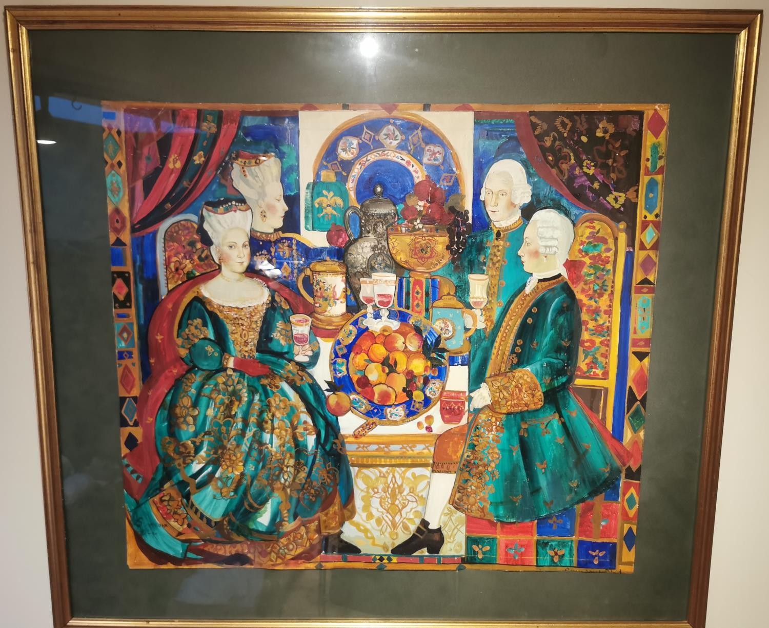 Olga Suvorova, Russian, (1966-), gouache on paper of the Green Banquet, signed. Framed and glazed. - Image 2 of 6