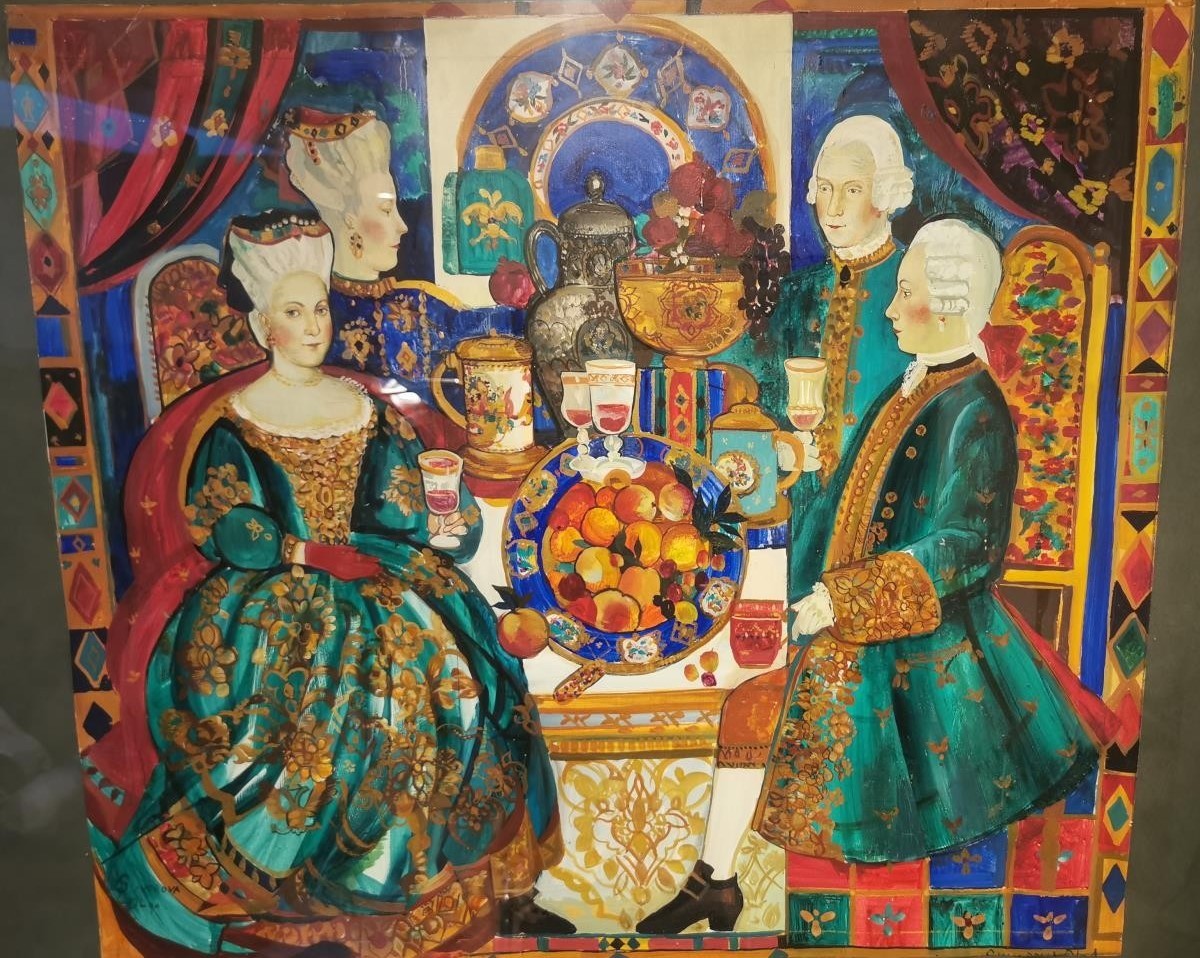 Olga Suvorova, Russian, (1966-), gouache on paper of the Green Banquet, signed. Framed and glazed.