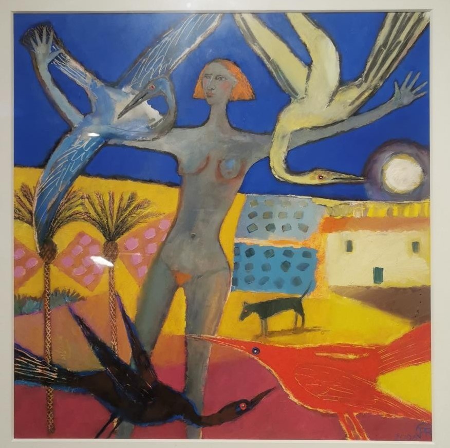 Paddy Robinson, a framed and glazed surrealist acrylic on paper of a lady with birds, monogrammed