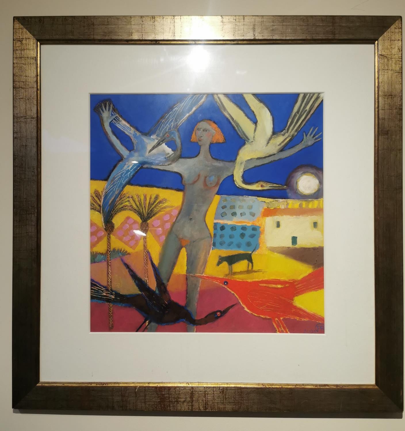 Paddy Robinson, a framed and glazed surrealist acrylic on paper of a lady with birds, monogrammed - Image 2 of 4