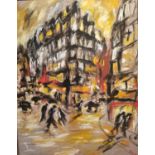 Daniele Mascaretti a.k.a "BoBo", large oil on canvas of a city street scene with figures,