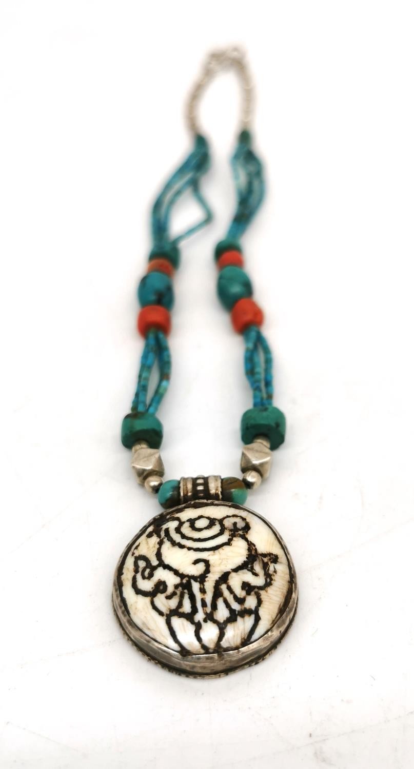 A collection of Turquoise, Silver and Coral Tibetan jewellery, including two silver and turquoise - Image 7 of 10