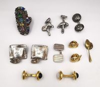 A collection of cufflinks, pins and a silver ring. Includes a pair of S.T. Dupont gold plated onyx