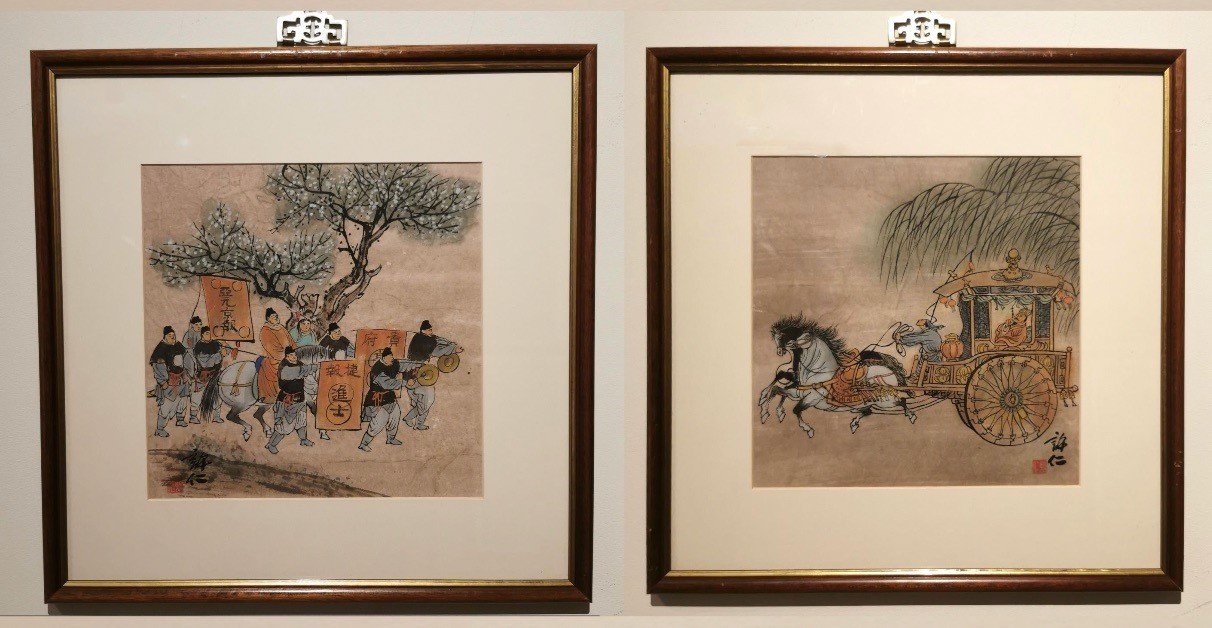 Two 20th century Japanese ink paintings on paper. One of a procession with dignitary on horse back