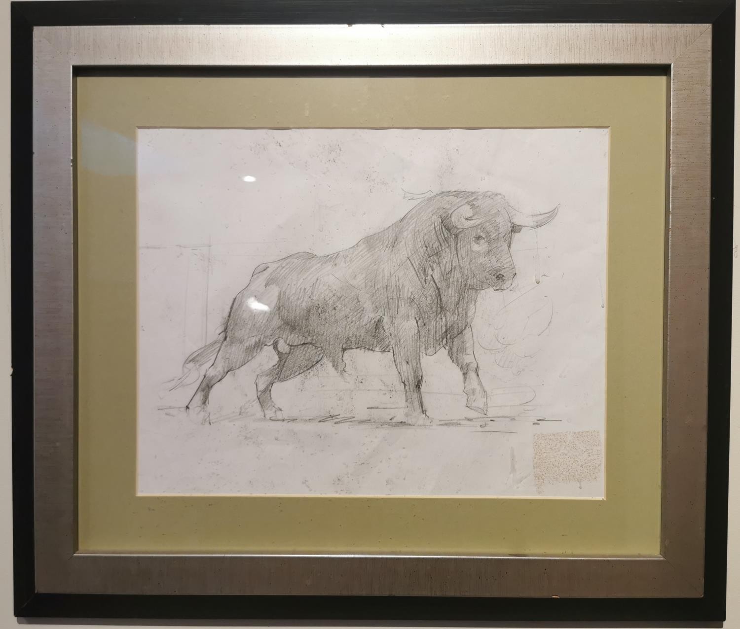A framed and glazed pencil on paper of a standing male bull, unsigned. H.49 W.56cm - Image 2 of 4