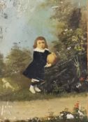 A miniature oil on board, overpainted photo of a 19th century child holding a ball, sits on a