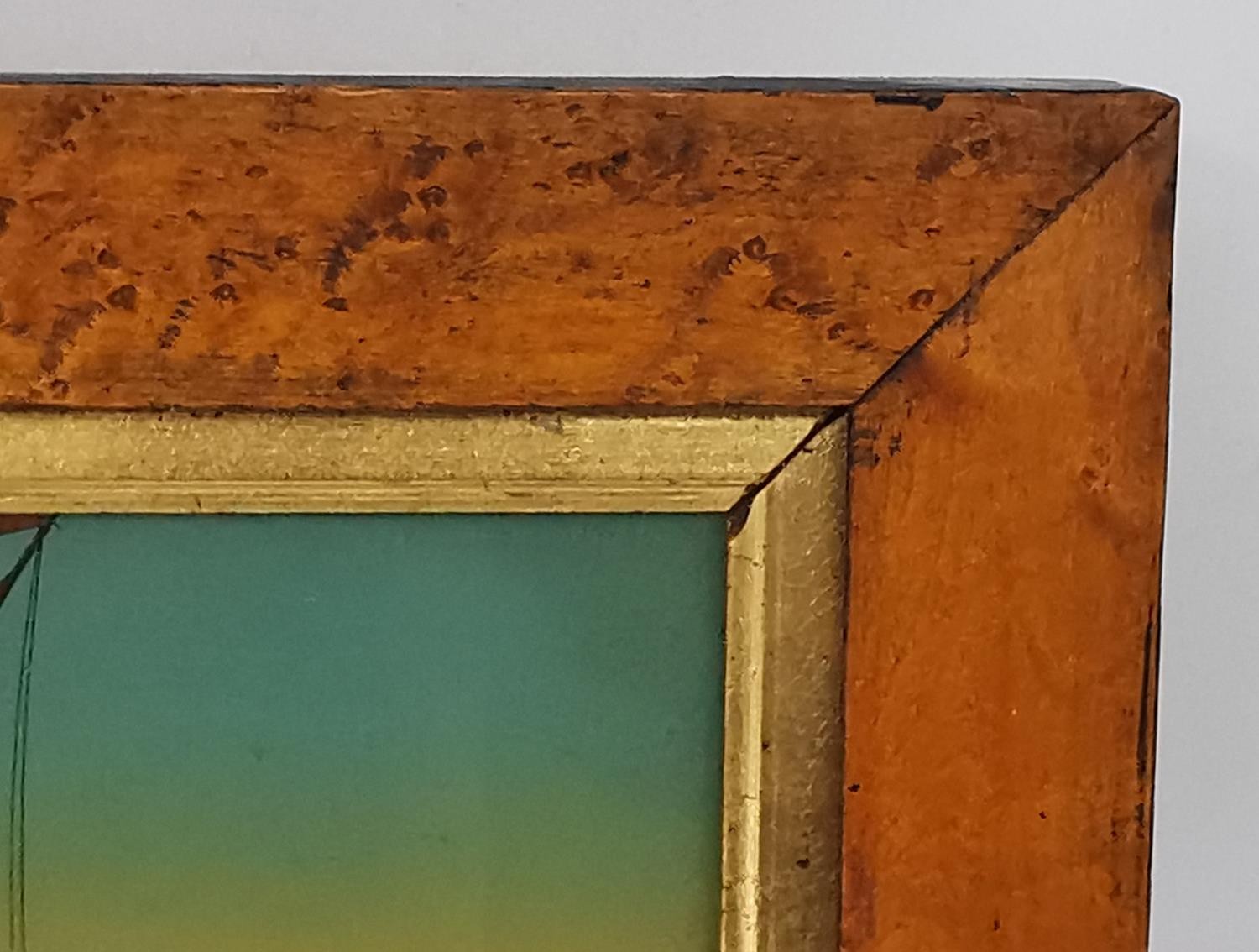 A framed 19th century reverse painting on glass of a Spanish sailing vessel, description - Image 4 of 4