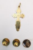 Three 18ct yellow gold shirt studs along with an engraved 14 carat yellow gold cross. (2.64g