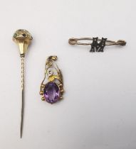 A collection of antique yellow metal, 9ct and rolled gold jewellery.
