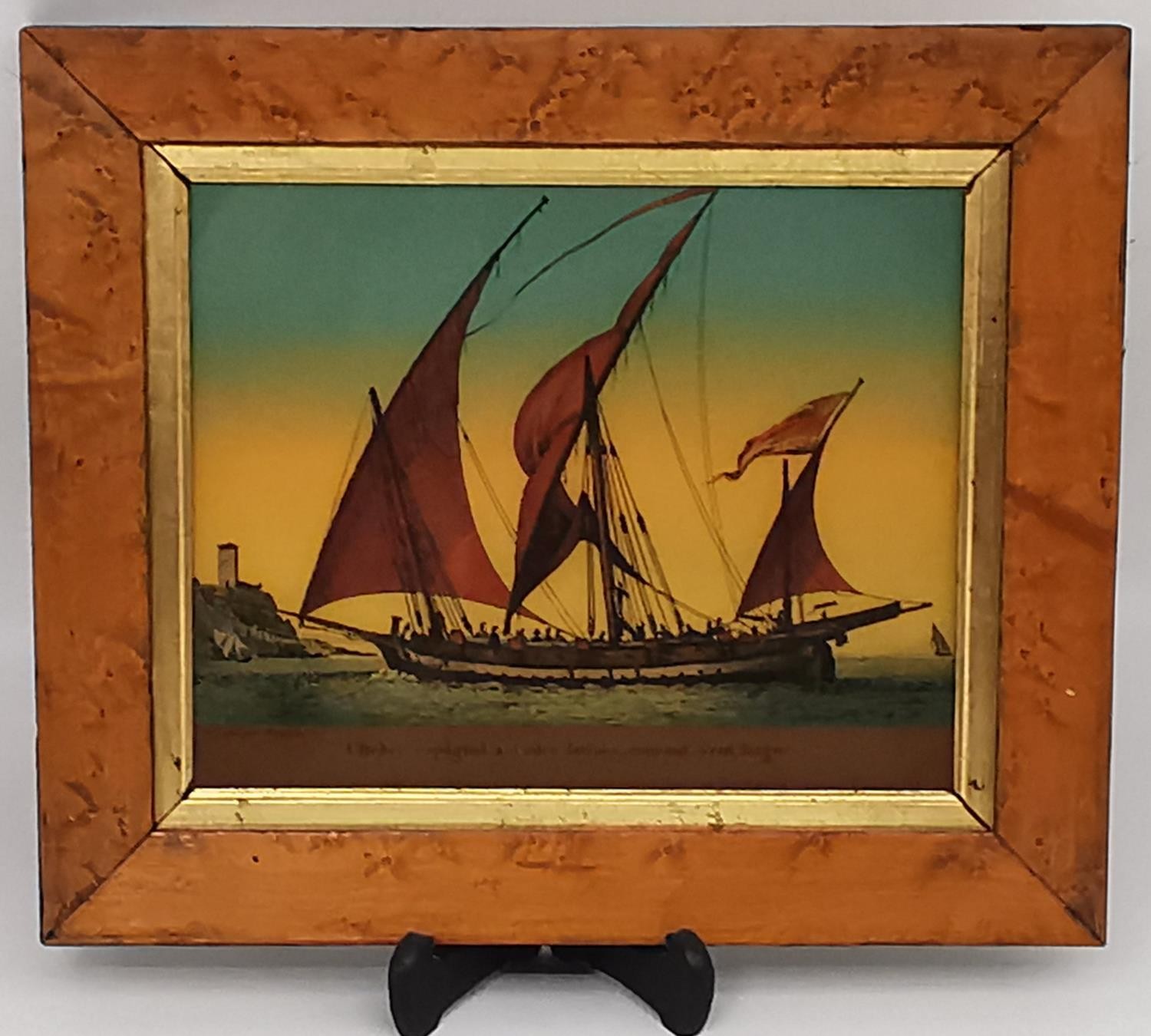 A framed 19th century reverse painting on glass of a Spanish sailing vessel, description - Image 2 of 4