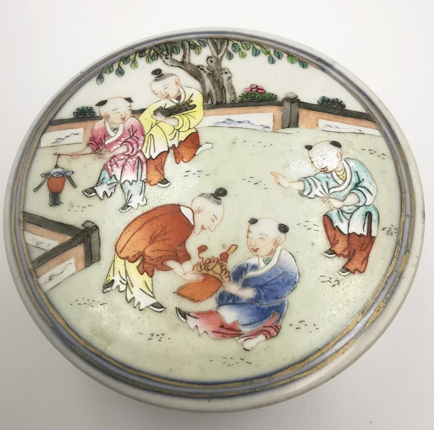 A Chinese Famille rose circular box and cover, 19th century, decorated to the cover with boys at - Image 7 of 12