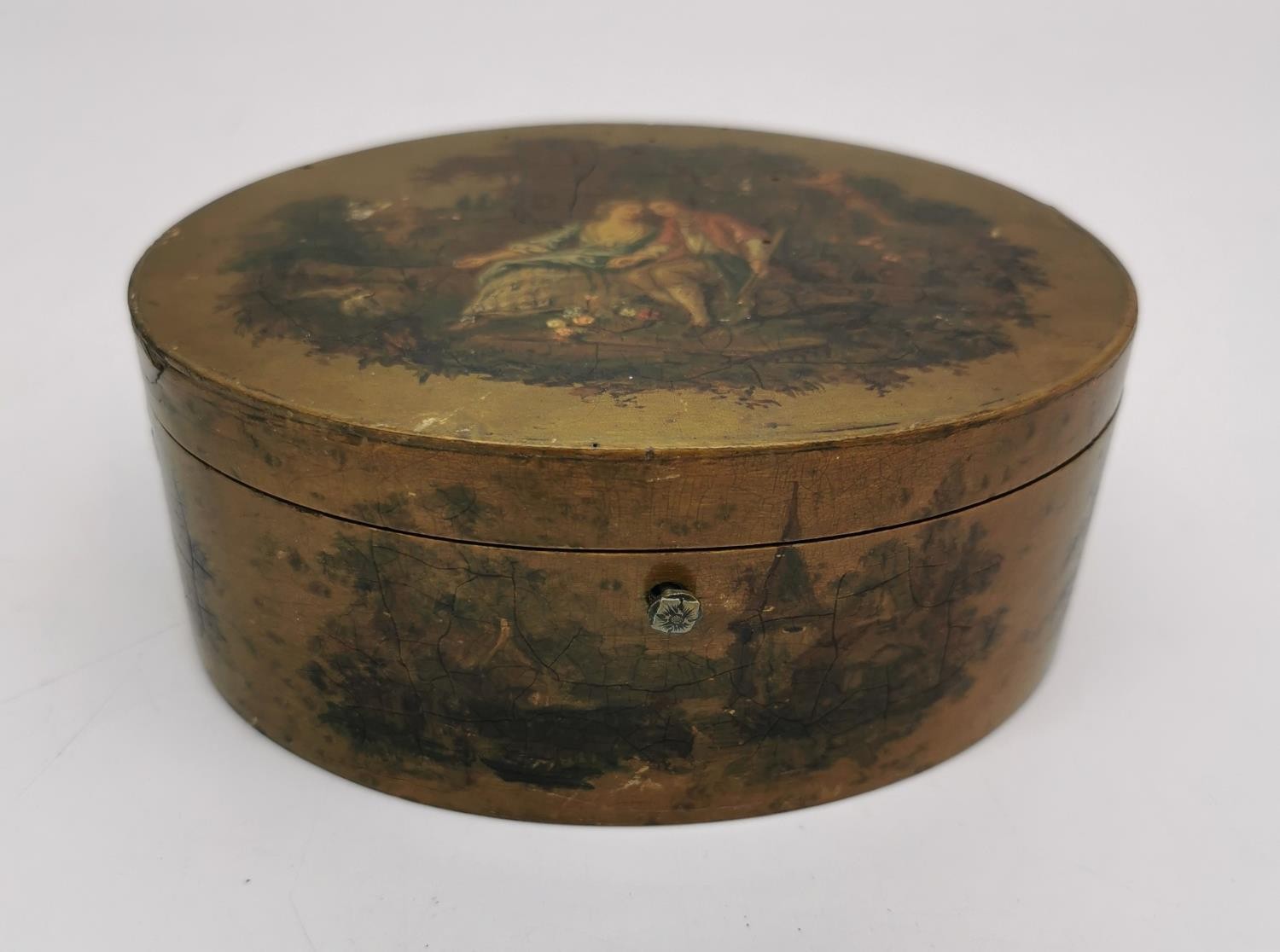 A 19th Century oval hand painted papier mache jewellery box, The top painted with a pair of lovers - Image 2 of 6