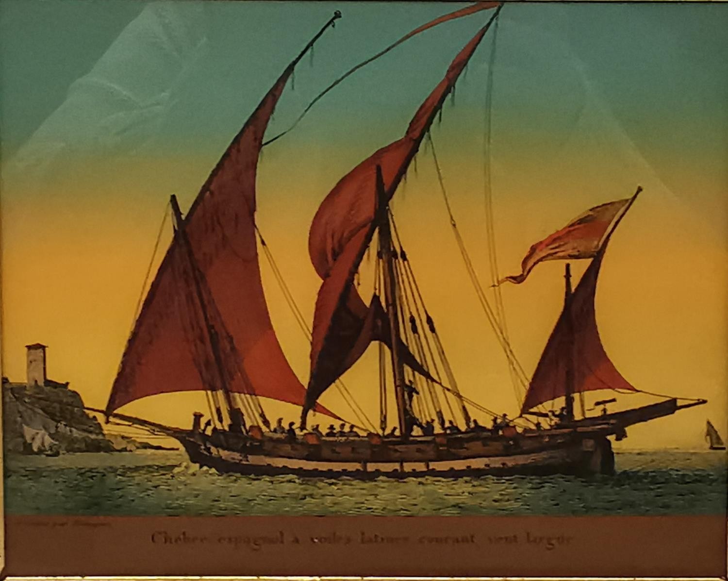 A framed 19th century reverse painting on glass of a Spanish sailing vessel, description