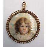 A fitted leather cased 19th century yellow metal portrait miniature mourning pendant. The border and