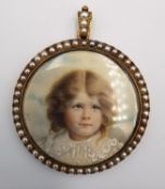 A fitted leather cased 19th century yellow metal portrait miniature mourning pendant. The border and