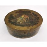 A 19th Century oval hand painted papier mache jewellery box, The top painted with a pair of lovers