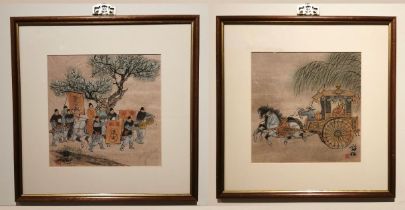 Two 20th century Japanese ink paintings on paper. One of a procession with dignitary on horse back