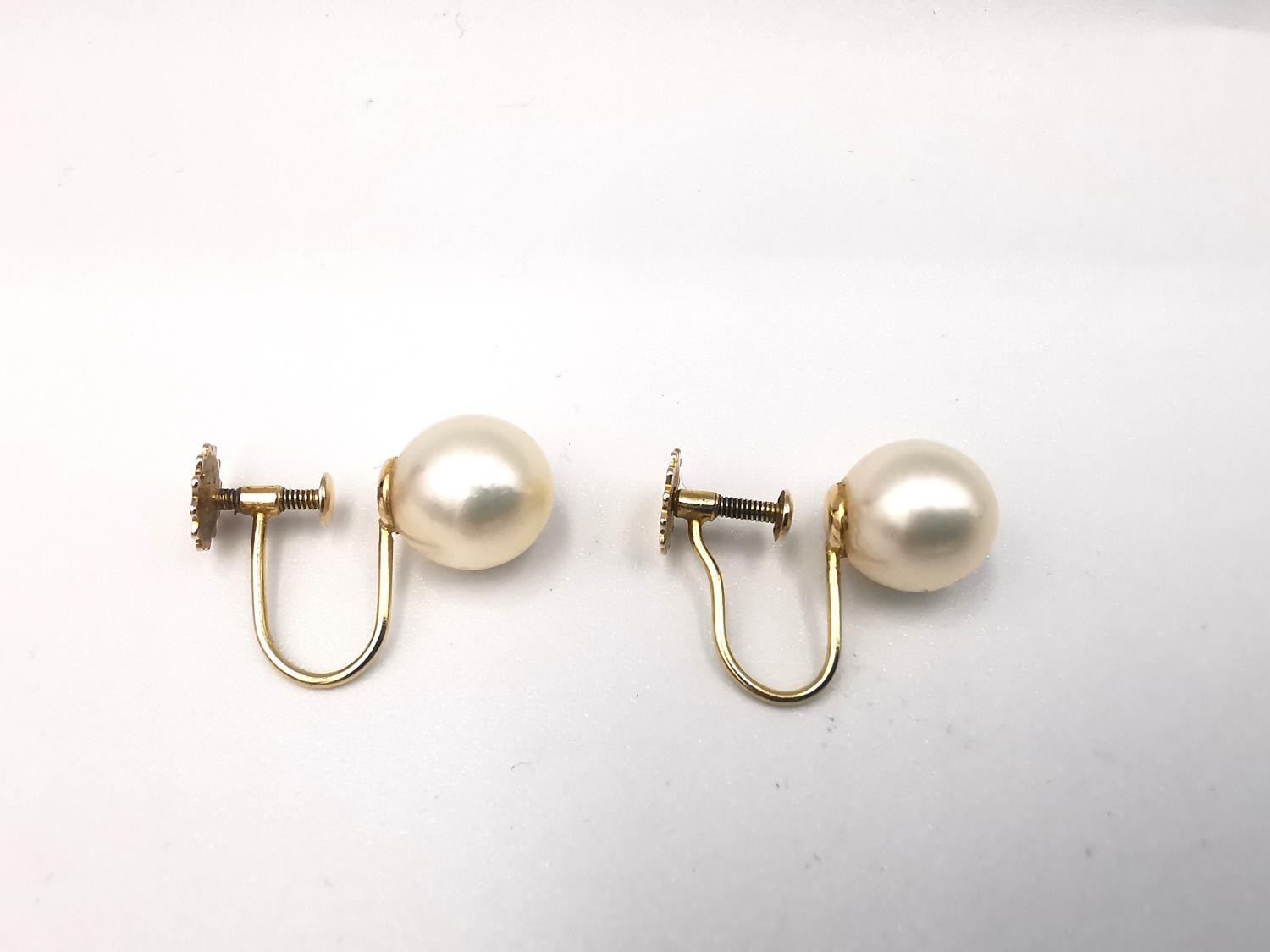 A green leather cased pair of early 20th century white cultured pearl 9ct gold screw back